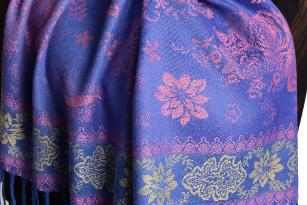 Liss Kiss Fern & Flowers On Blue Pashmina With Tassels - Scarf