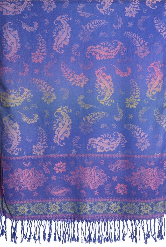 Liss Kiss Fern & Flowers On Blue Pashmina With Tassels - Scarf