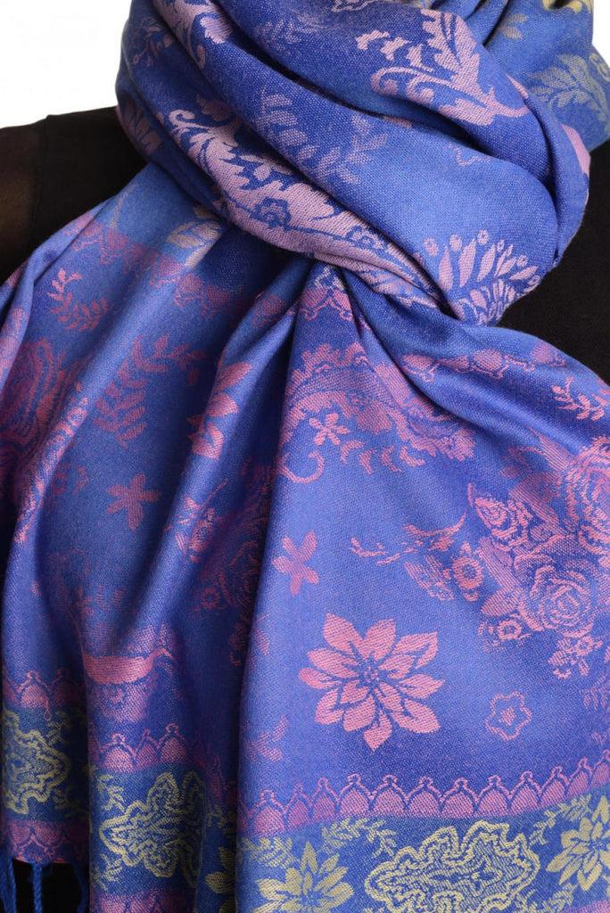 Liss Kiss Fern & Flowers On Blue Pashmina With Tassels - Scarf