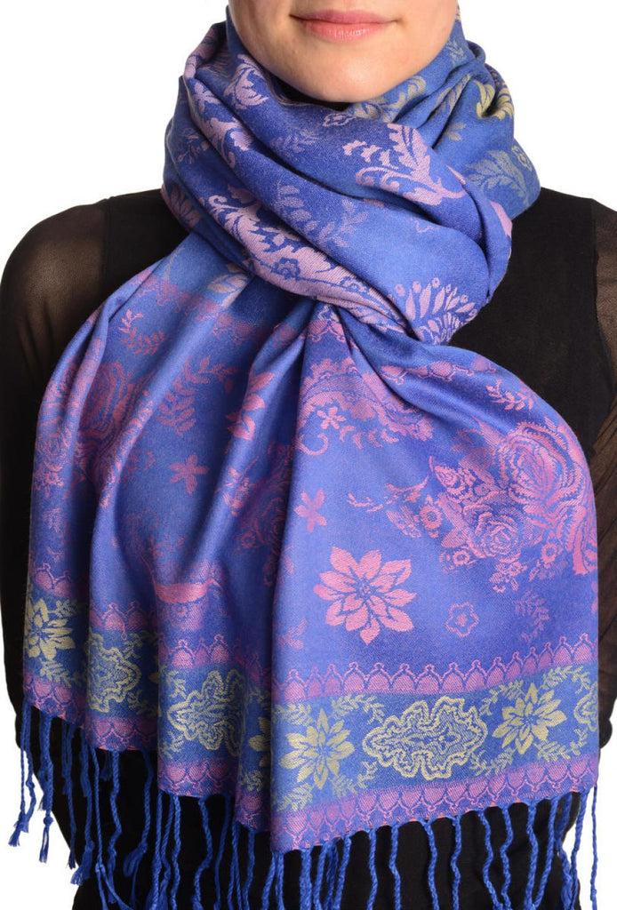liss kiss Fern & Flowers On Blue Pashmina With Tassels - Scarf