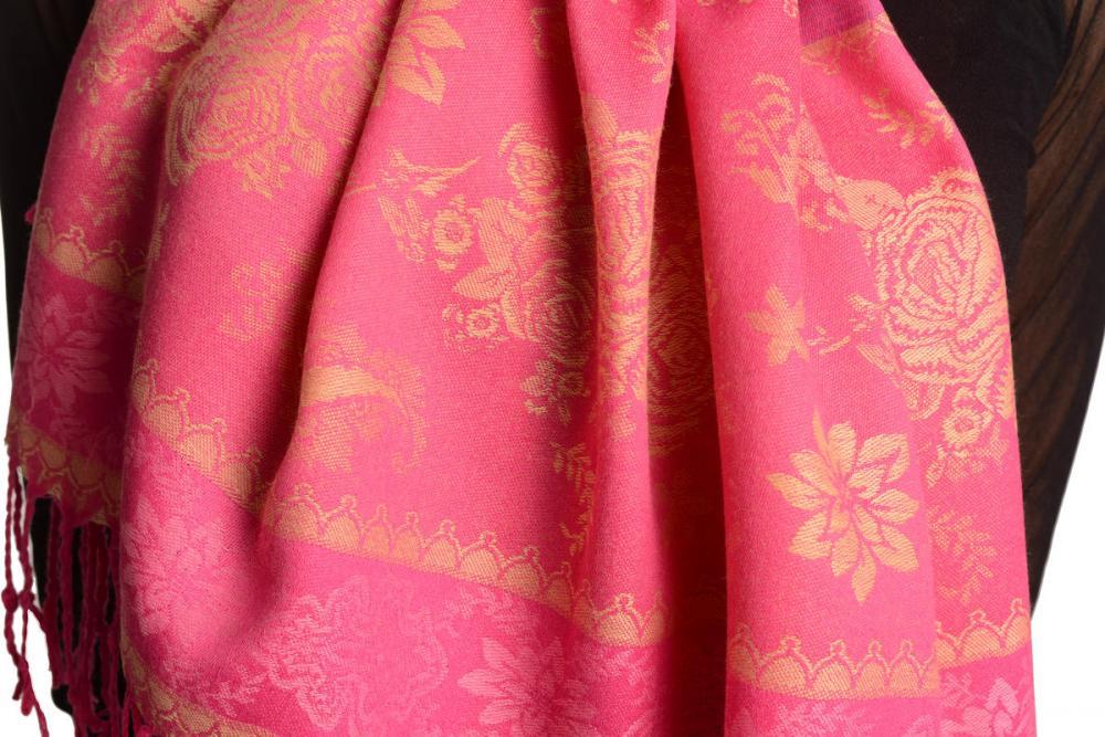 Liss Kiss Fern & Flowers On Dark Pink Pashmina With Tassels - Scarf