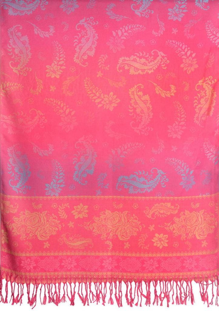 Liss Kiss Fern & Flowers On Dark Pink Pashmina With Tassels - Scarf