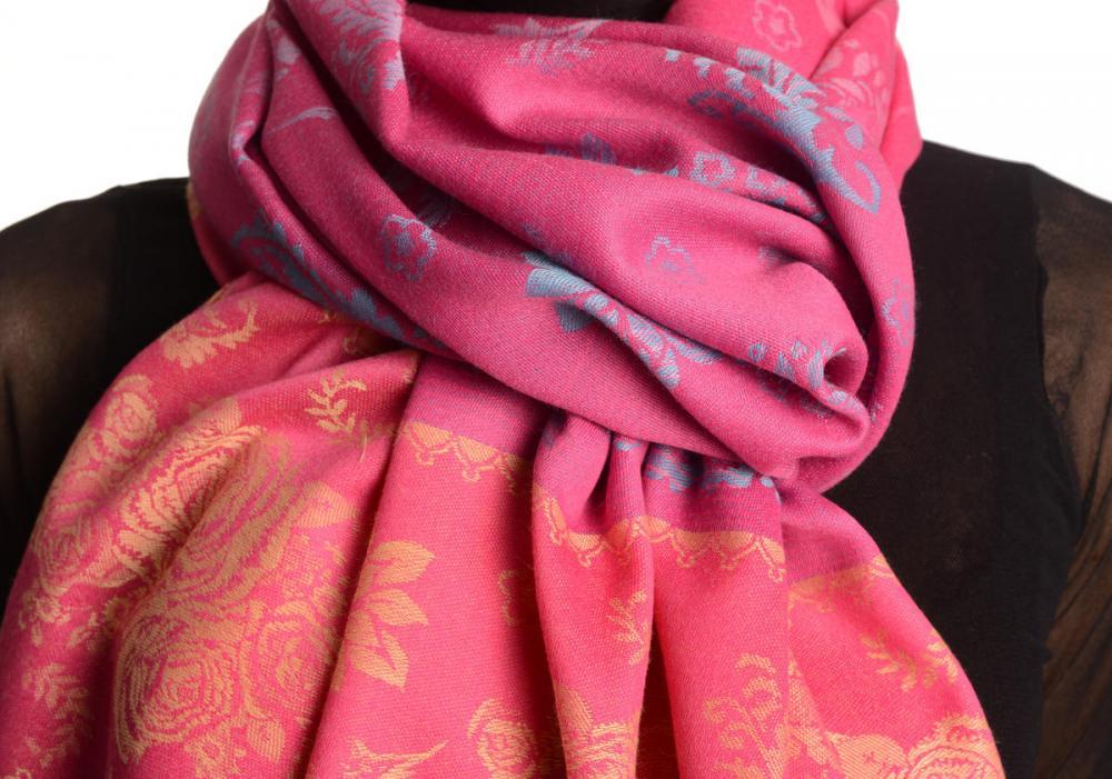 Liss Kiss Fern & Flowers On Dark Pink Pashmina With Tassels - Scarf