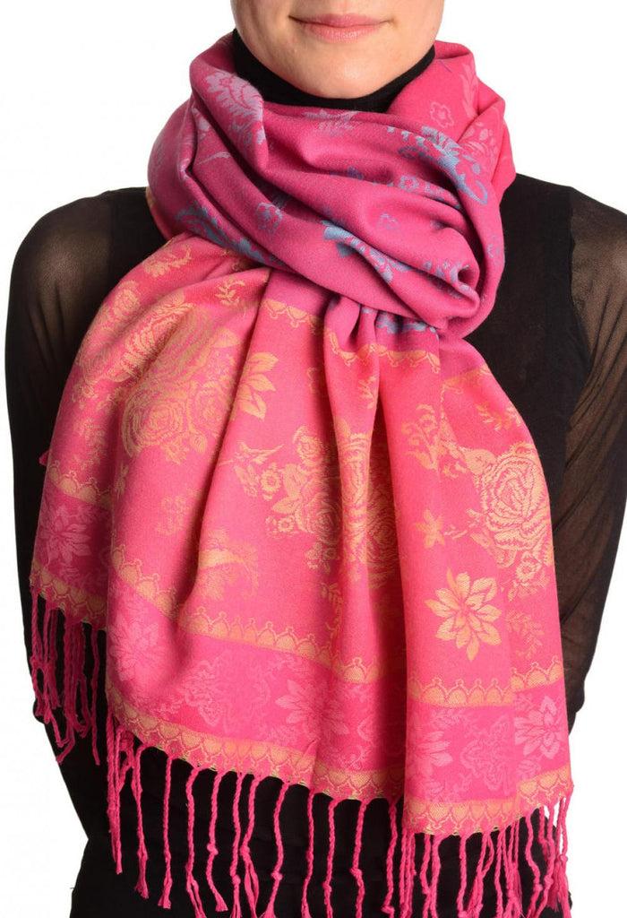 liss kiss Fern & Flowers On Dark Pink Pashmina With Tassels - Scarf