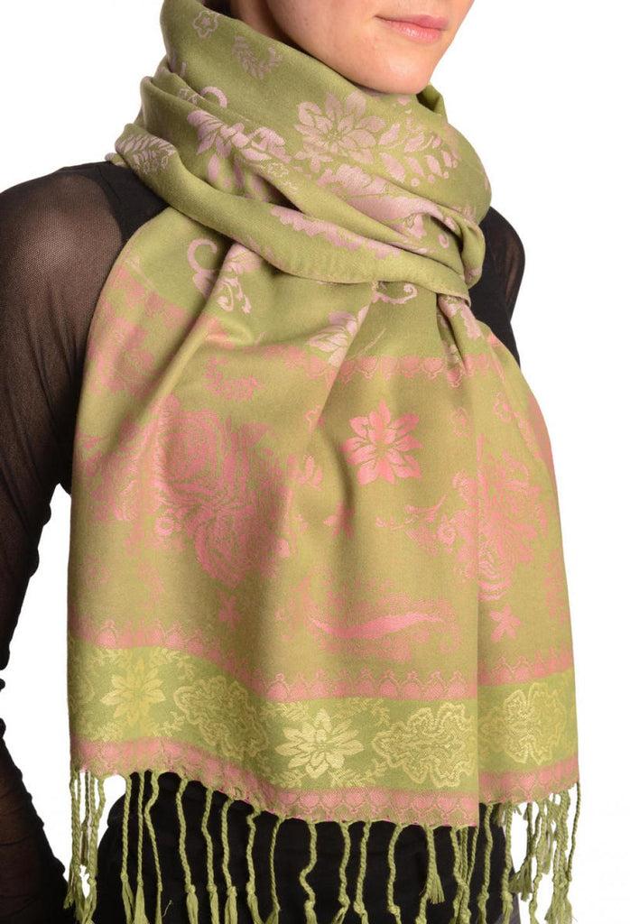 Liss Kiss Fern & Flowers On Olive Green Pashmina With Tassels - Scarf