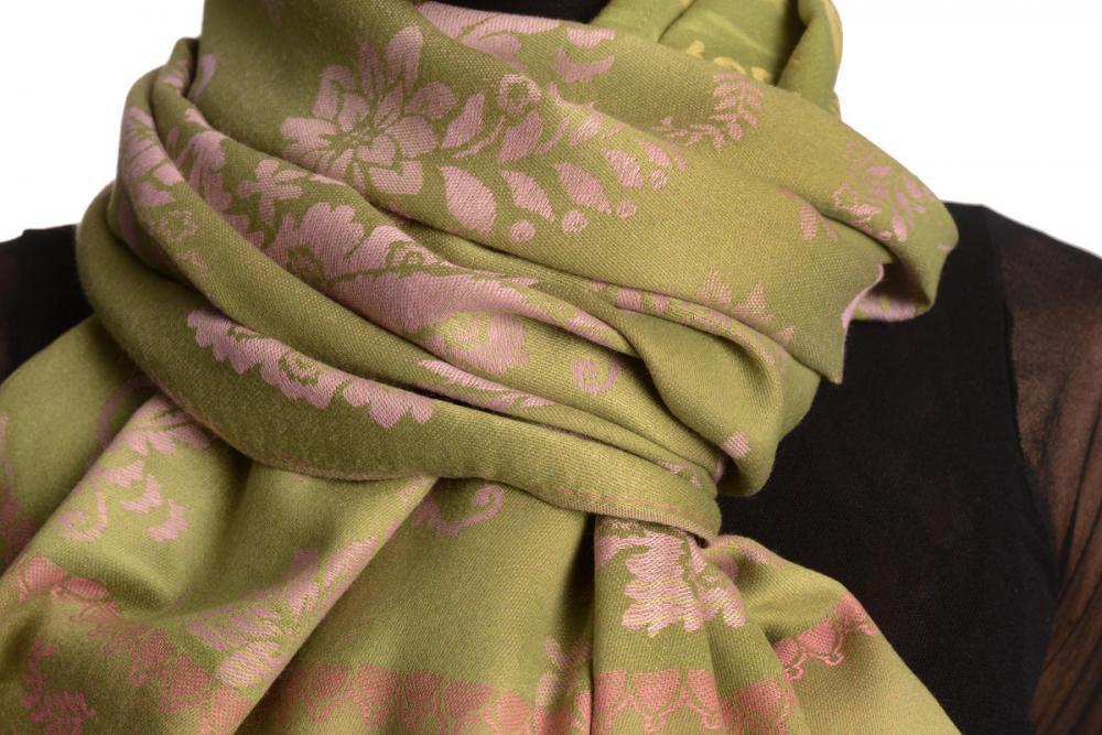 Liss Kiss Fern & Flowers On Olive Green Pashmina With Tassels - Scarf