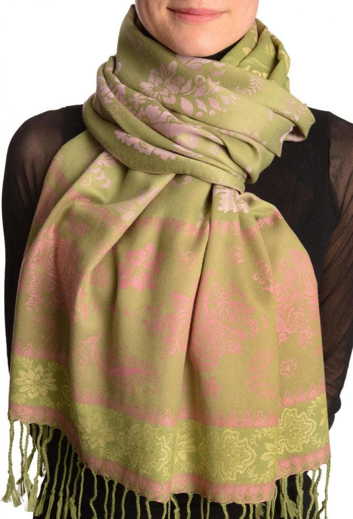 liss kiss Fern & Flowers On Olive Green Pashmina With Tassels - Scarf