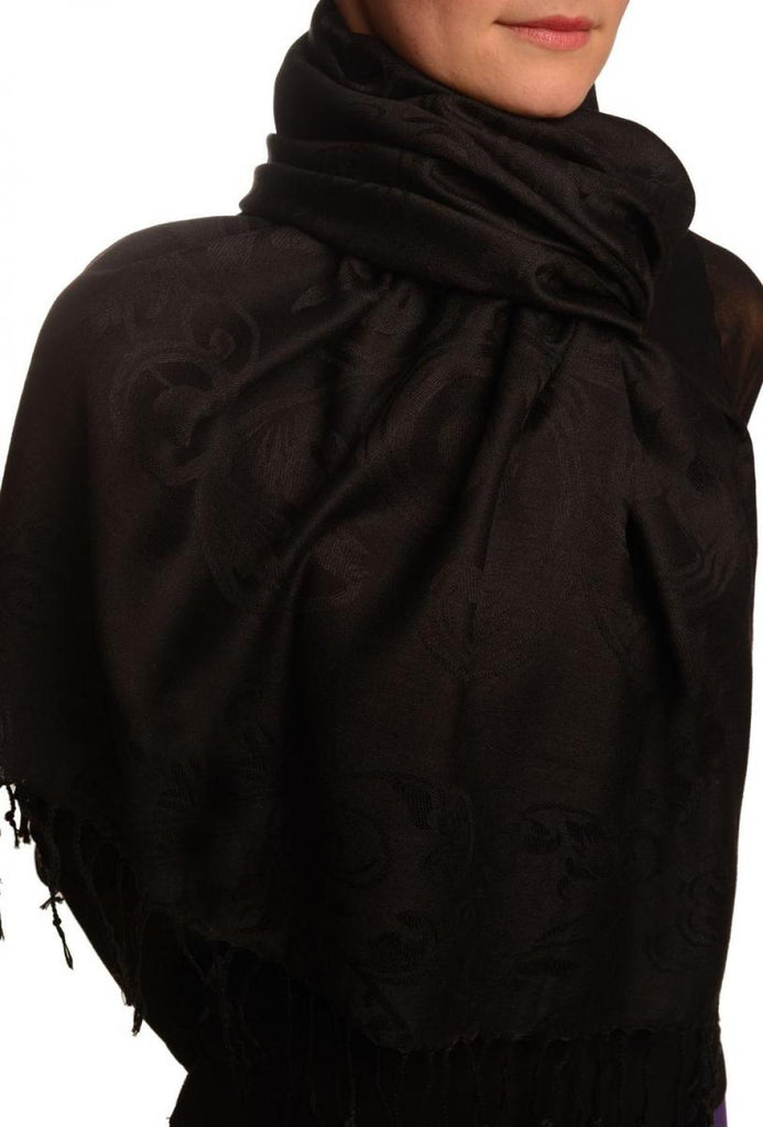 Liss Kiss Fern Leaves On Black Pashmina With Tassels - Scarf