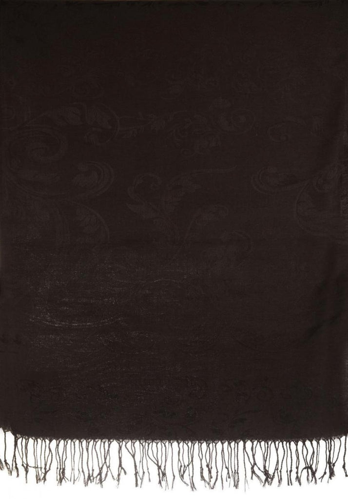 Liss Kiss Fern Leaves On Black Pashmina With Tassels - Scarf