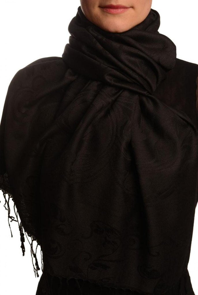 liss kiss Fern Leaves On Black Pashmina With Tassels - Scarf