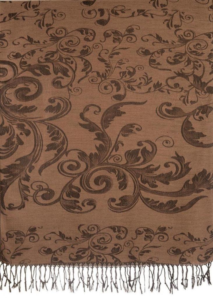 Liss Kiss Fern Leaves On Brown Pashmina With Tassels - Scarf