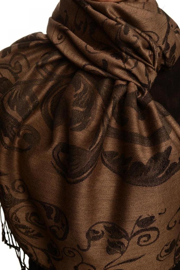 Liss Kiss Fern Leaves On Brown Pashmina With Tassels - Scarf