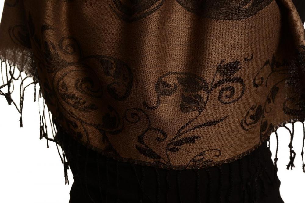 Liss Kiss Fern Leaves On Brown Pashmina With Tassels - Scarf