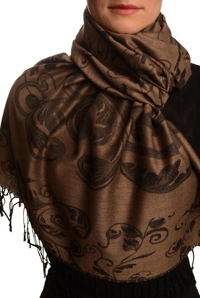 liss kiss Fern Leaves On Brown Pashmina With Tassels - Scarf