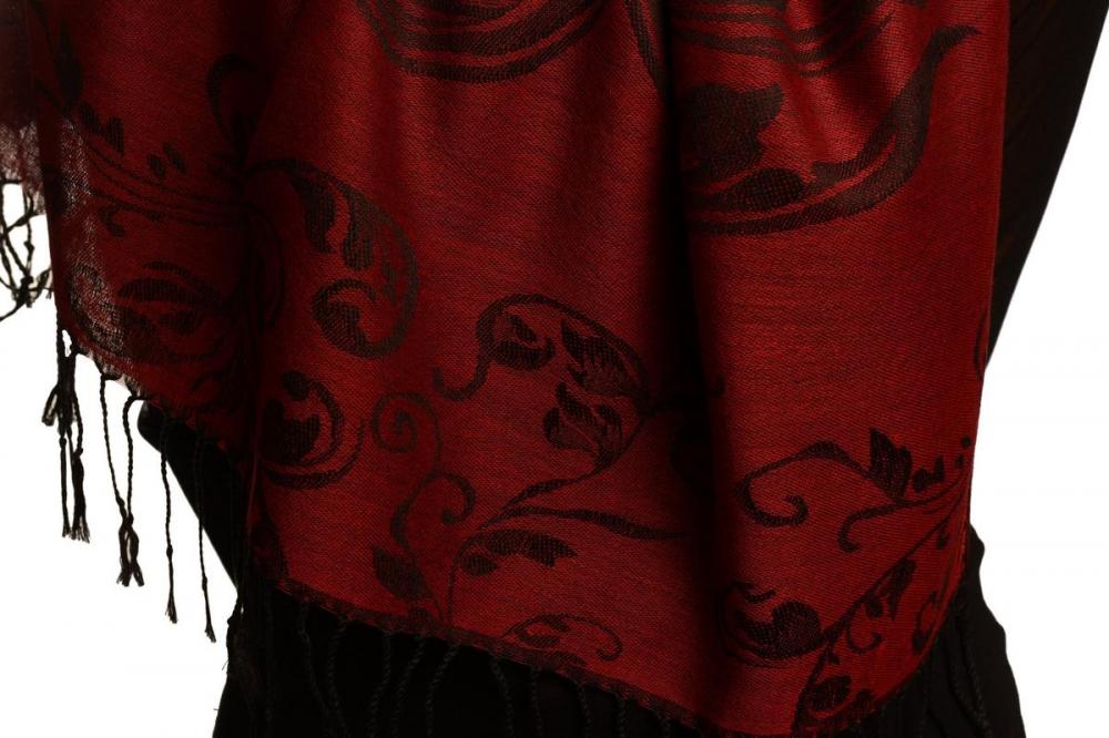 Liss Kiss Fern Leaves On Burgundy Red Pashmina With Tassels - Scarf