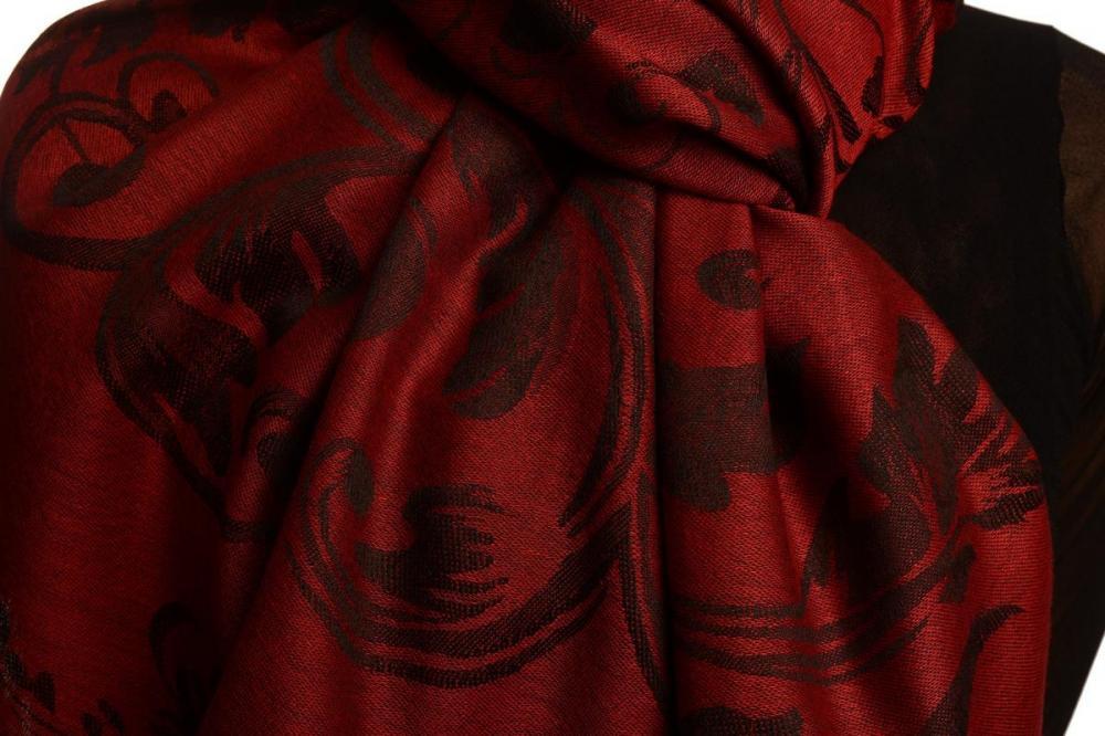 Liss Kiss Fern Leaves On Burgundy Red Pashmina With Tassels - Scarf