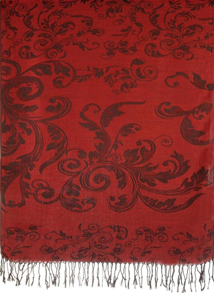 Liss Kiss Fern Leaves On Burgundy Red Pashmina With Tassels - Scarf