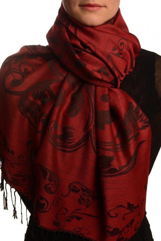 liss kiss Fern Leaves On Burgundy Red Pashmina With Tassels - Scarf