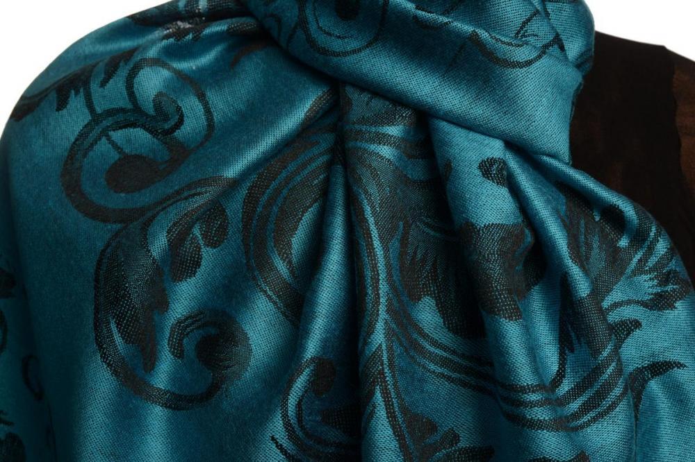 Liss Kiss Fern Leaves On Dodger Blue Pashmina With Tassels - Scarf