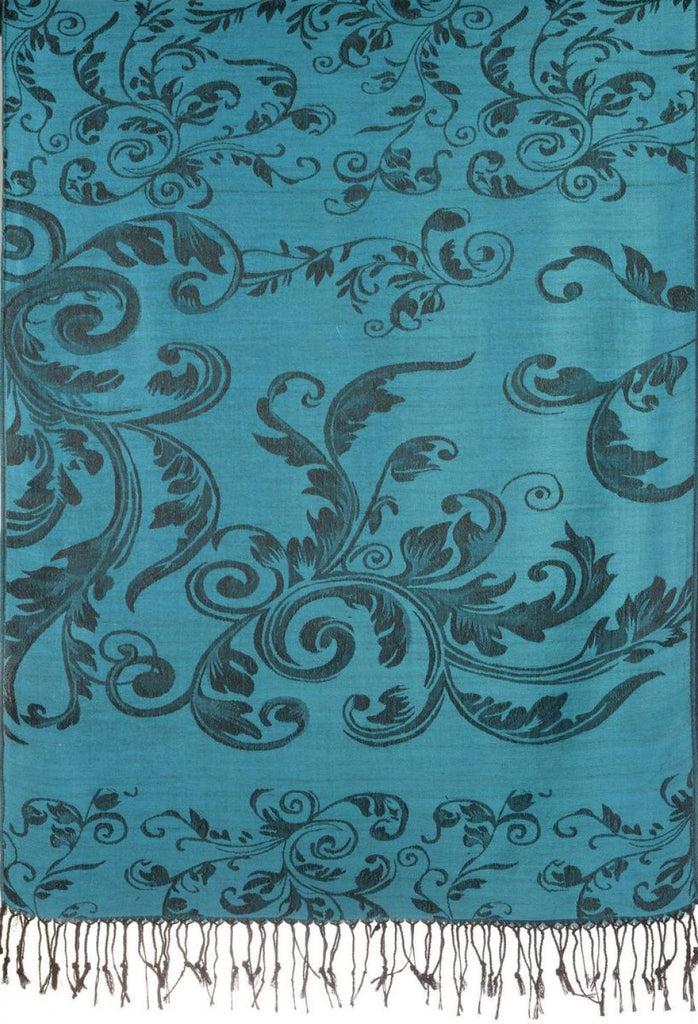 Liss Kiss Fern Leaves On Dodger Blue Pashmina With Tassels - Scarf