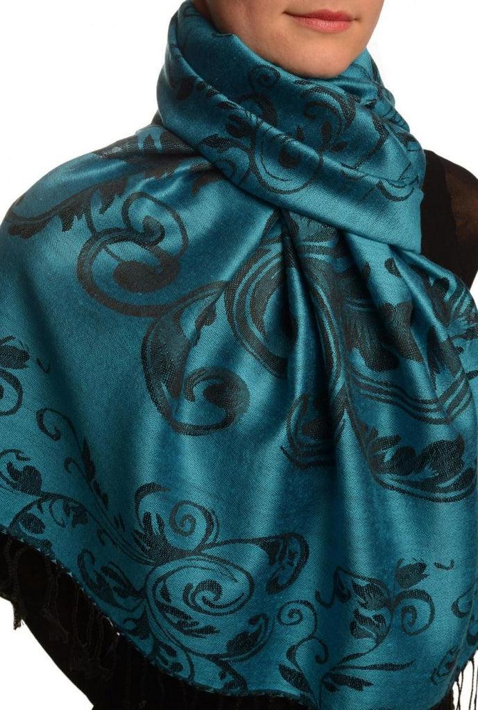 Liss Kiss Fern Leaves On Dodger Blue Pashmina With Tassels - Scarf