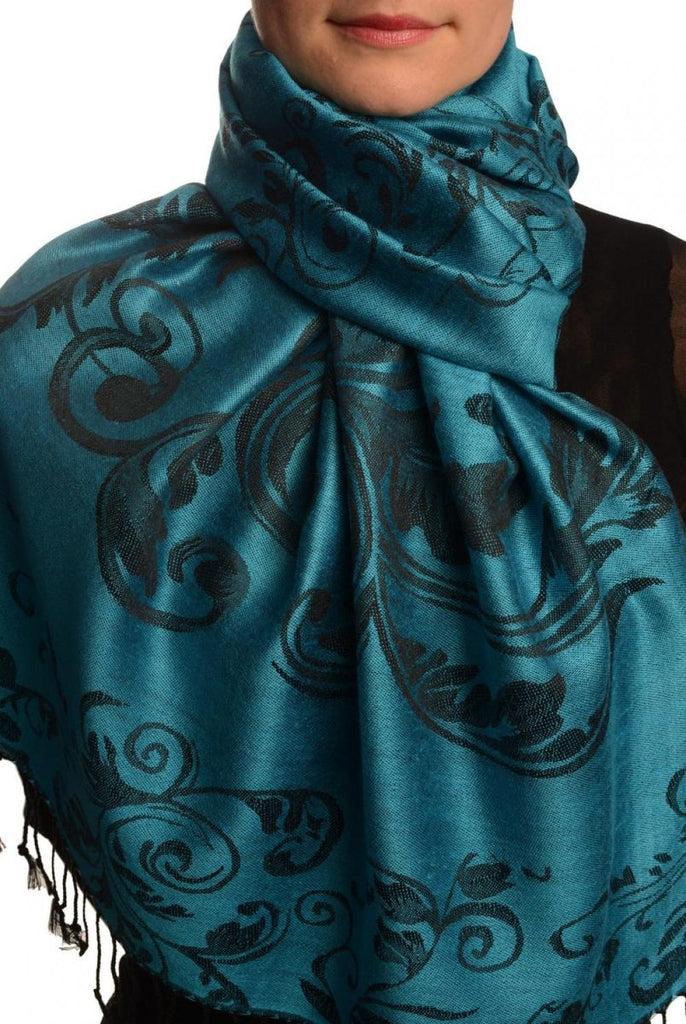 Liss Kiss Fern Leaves On Dodger Blue Pashmina With Tassels - Scarf