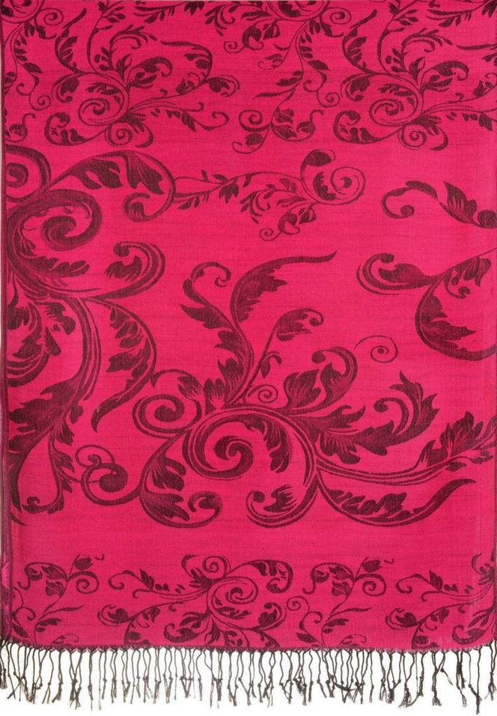 Liss Kiss Fern Leaves On Fuchsia Pink Pashmina With Tassels - Scarf