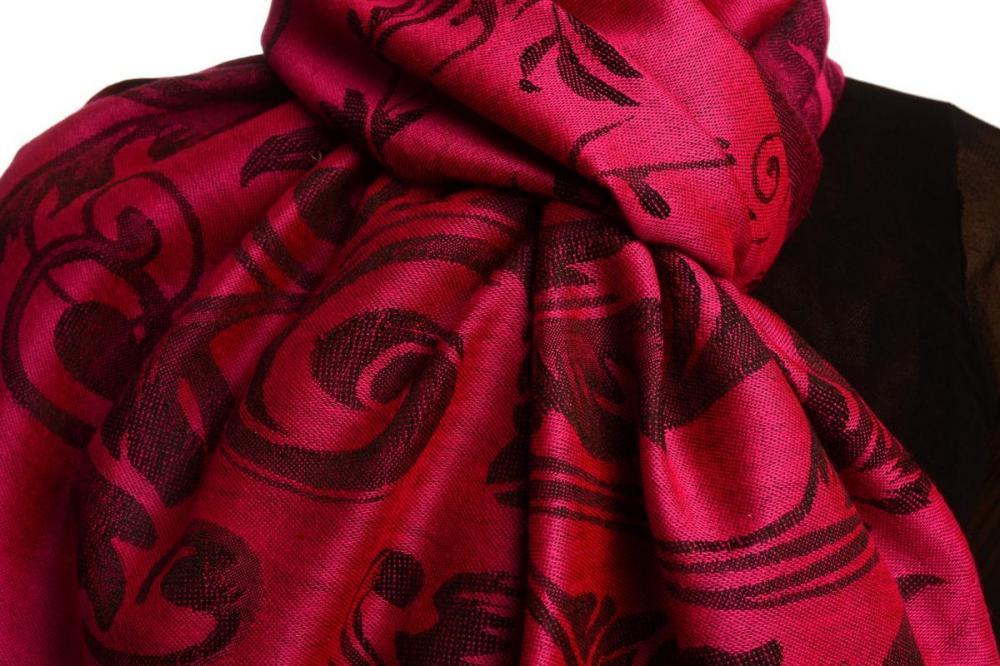 Liss Kiss Fern Leaves On Fuchsia Pink Pashmina With Tassels - Scarf