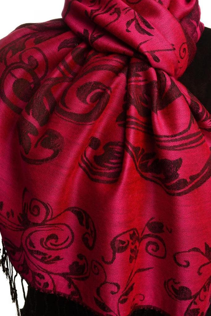 Liss Kiss Fern Leaves On Fuchsia Pink Pashmina With Tassels - Scarf