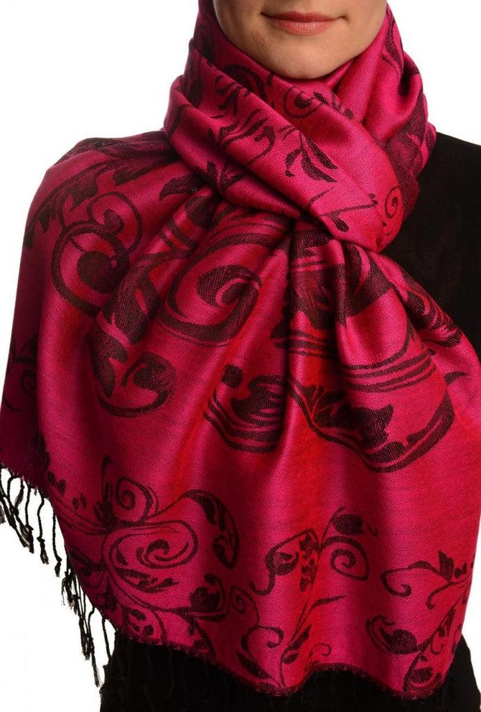liss kiss Fern Leaves On Fuchsia Pink Pashmina With Tassels - Scarf