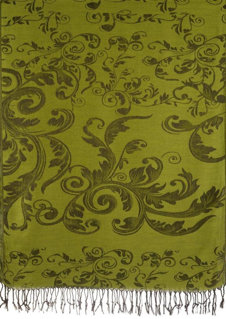 Liss Kiss Fern Leaves On Green Pashmina With Tassels - Scarf