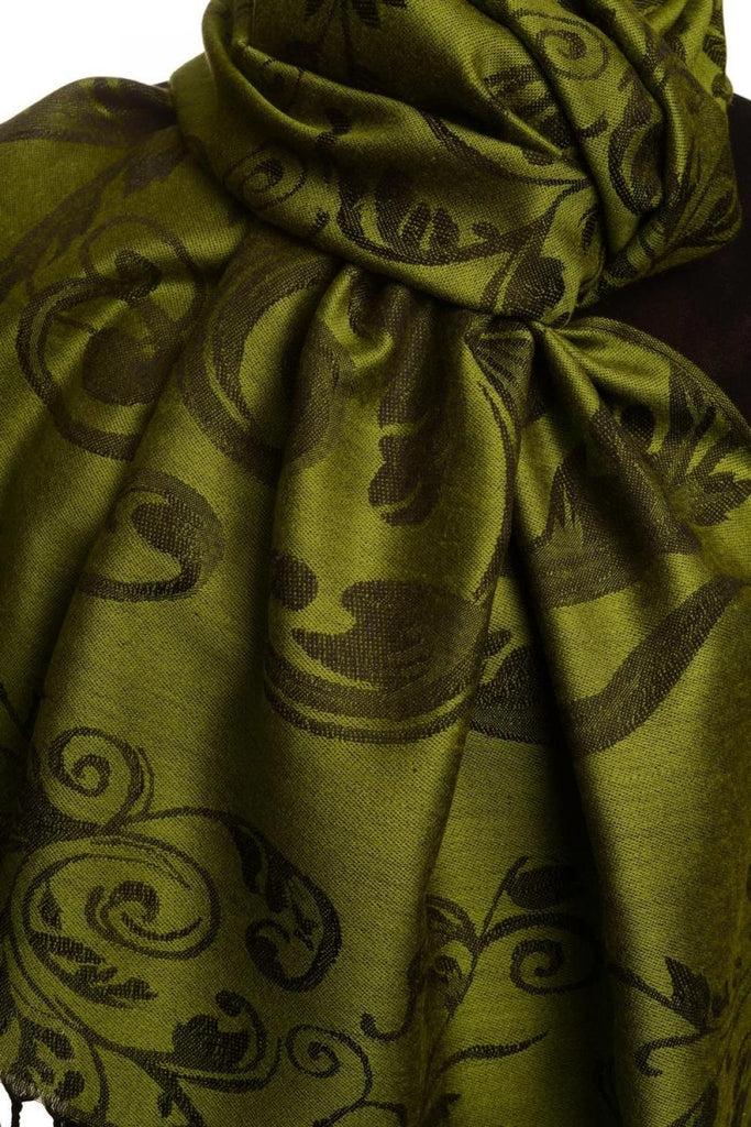 Liss Kiss Fern Leaves On Green Pashmina With Tassels - Scarf