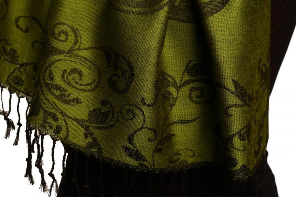 Liss Kiss Fern Leaves On Green Pashmina With Tassels - Scarf