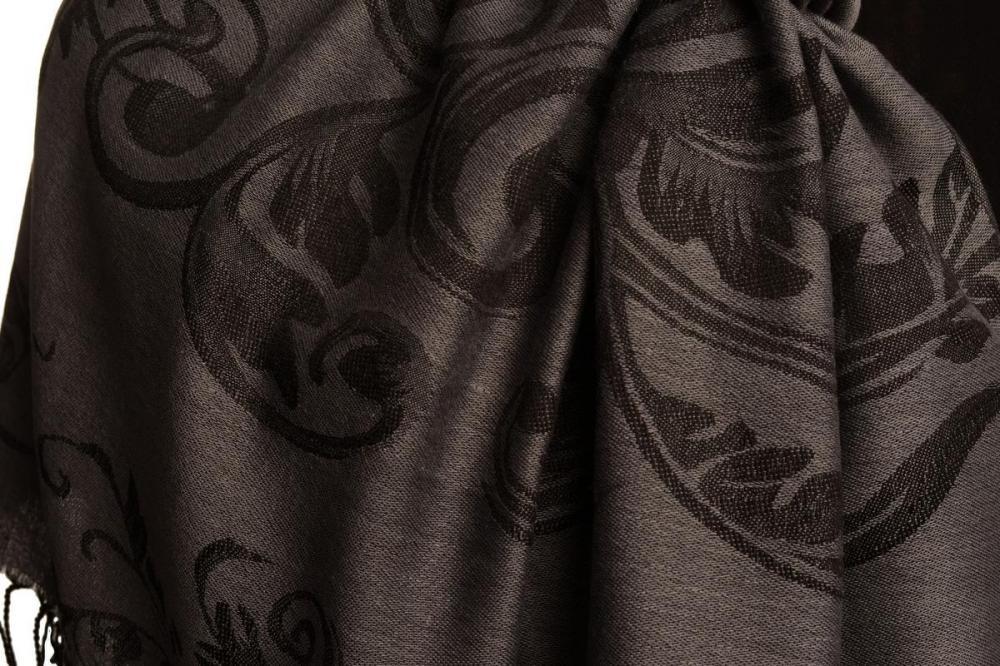 Liss Kiss Fern Leaves On Grey Pashmina With Tassels - Scarf