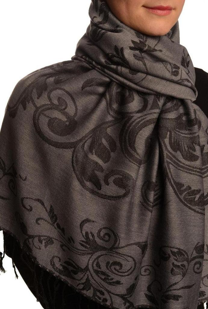 Liss Kiss Fern Leaves On Grey Pashmina With Tassels - Scarf