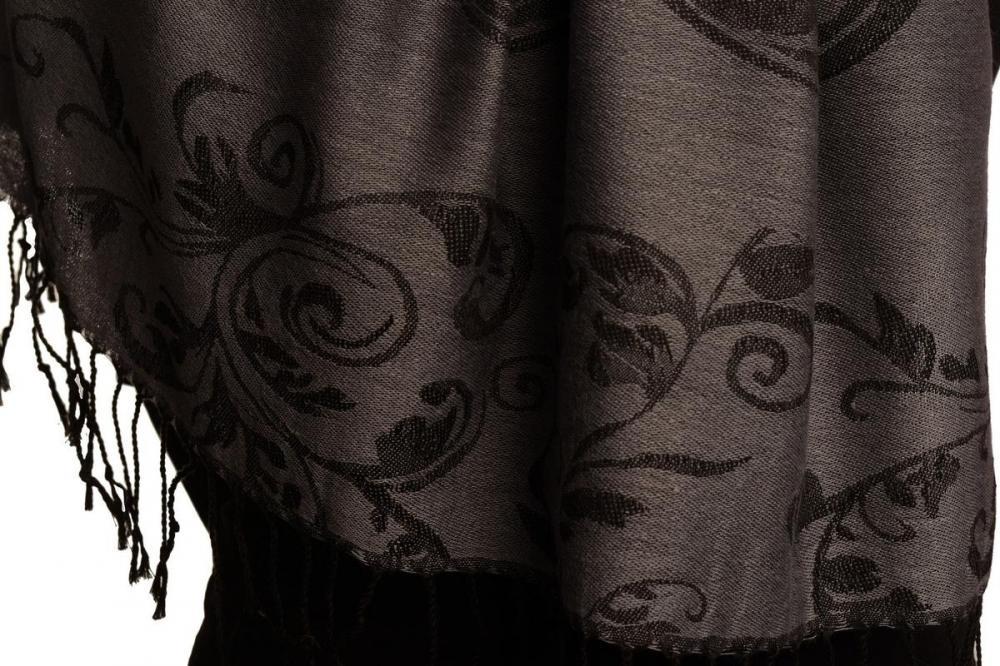 Liss Kiss Fern Leaves On Grey Pashmina With Tassels - Scarf