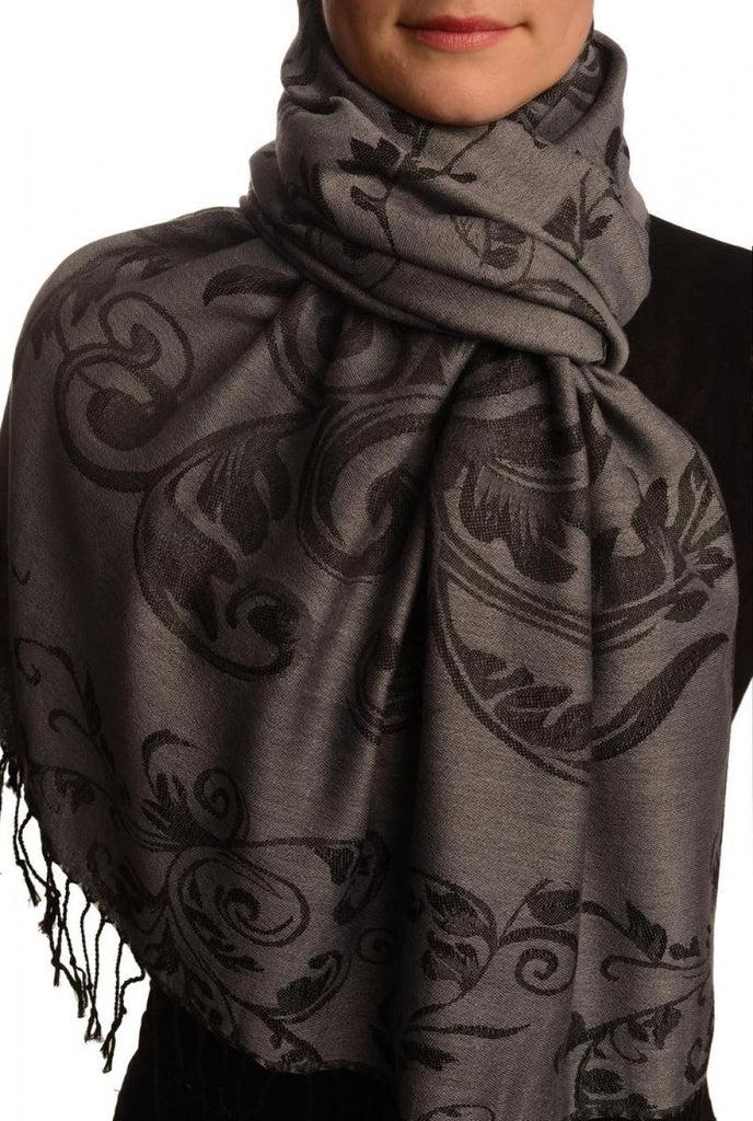 liss kiss Fern Leaves On Grey Pashmina With Tassels - Scarf