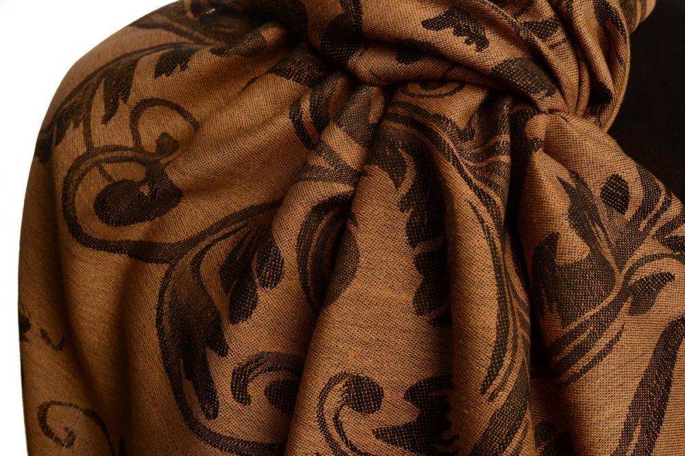 Liss Kiss Fern Leaves On Mocha Pashmina With Tassels - Scarf