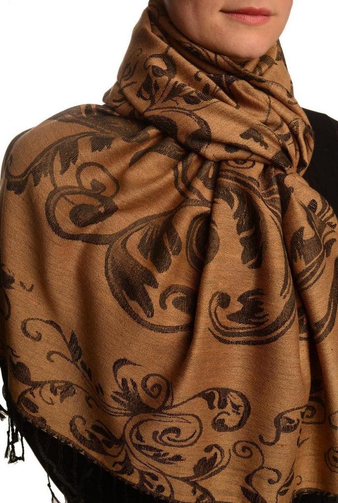 Liss Kiss Fern Leaves On Mocha Pashmina With Tassels - Scarf