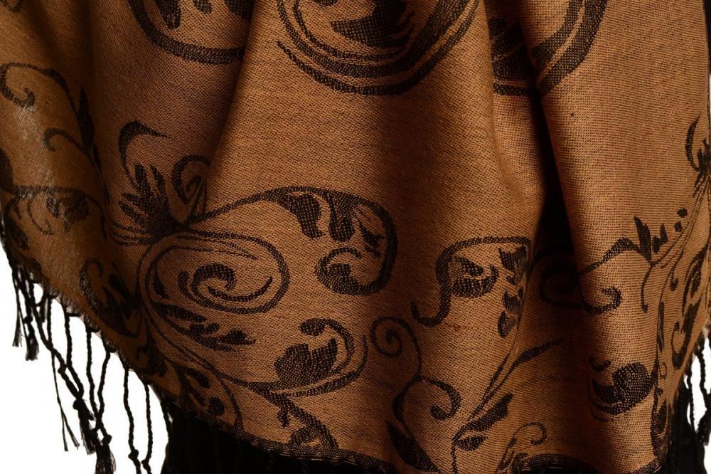 Liss Kiss Fern Leaves On Mocha Pashmina With Tassels - Scarf