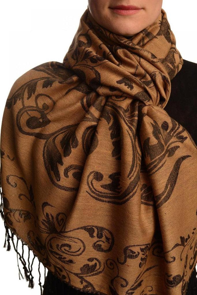 liss kiss Fern Leaves On Mocha Pashmina With Tassels - Scarf