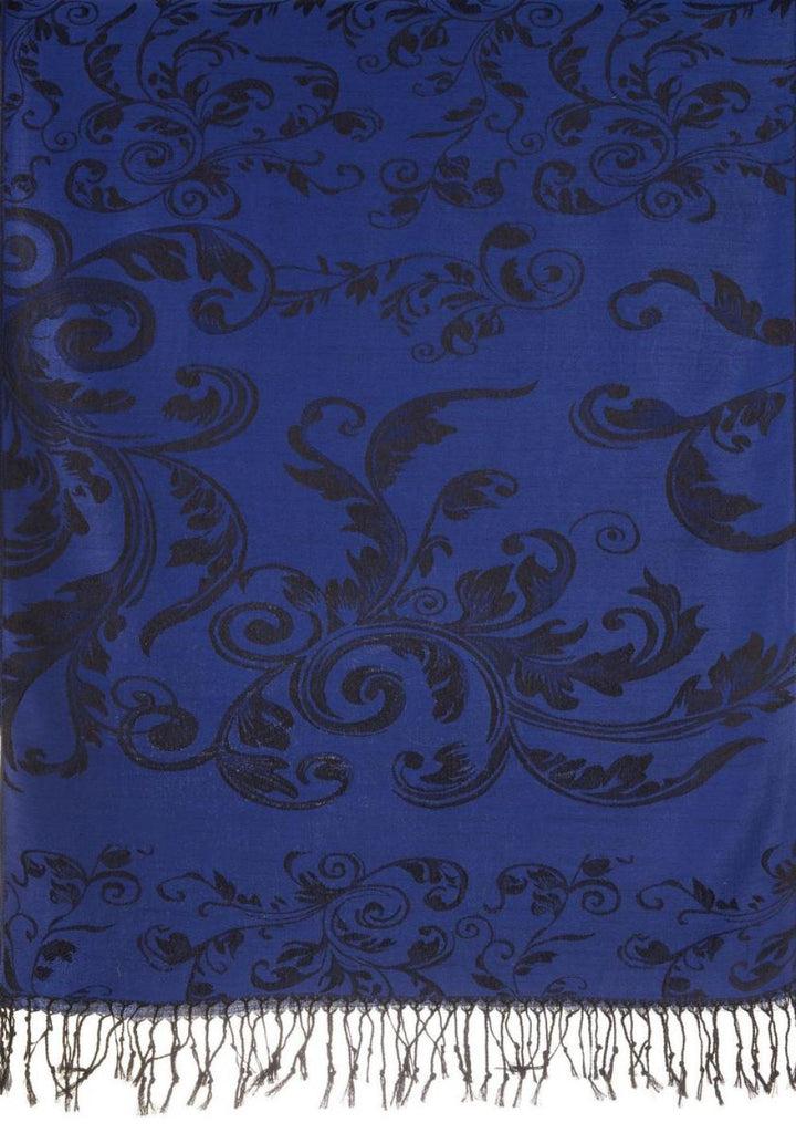 Liss Kiss Fern Leaves On Persian Blue Pashmina With Tassels - Scarf