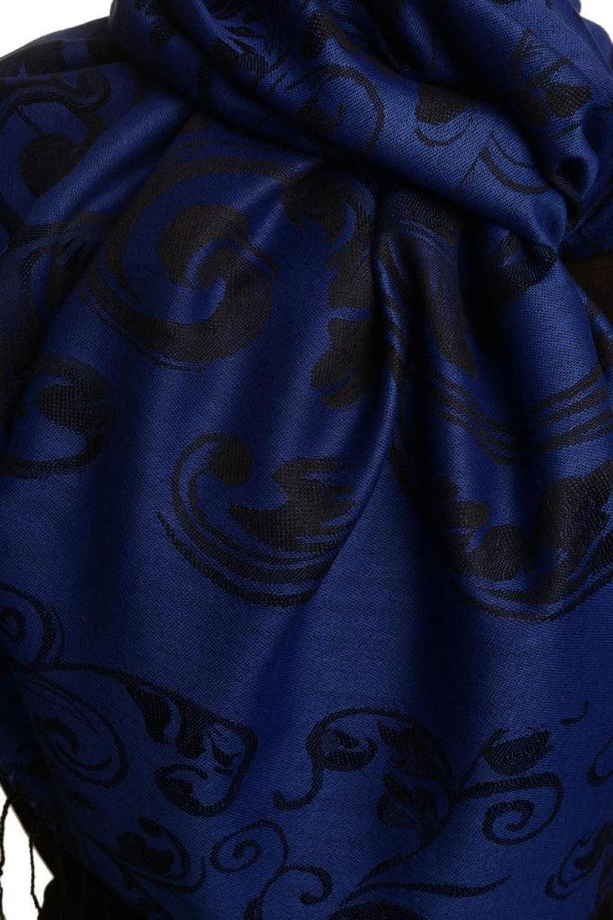 Liss Kiss Fern Leaves On Persian Blue Pashmina With Tassels - Scarf