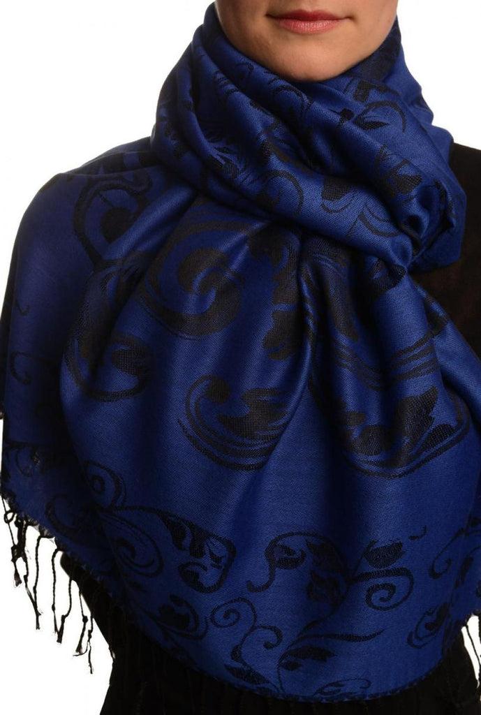 liss kiss Fern Leaves On Persian Blue Pashmina With Tassels - Scarf