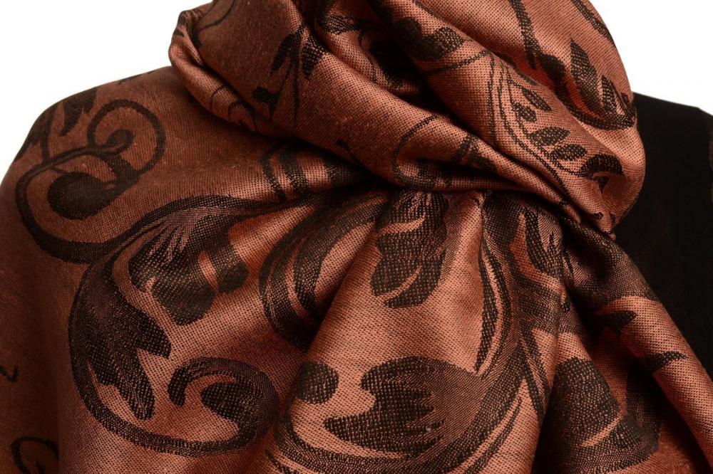 Liss Kiss Fern Leaves On Puce Pink Pashmina With Tassels - Scarf