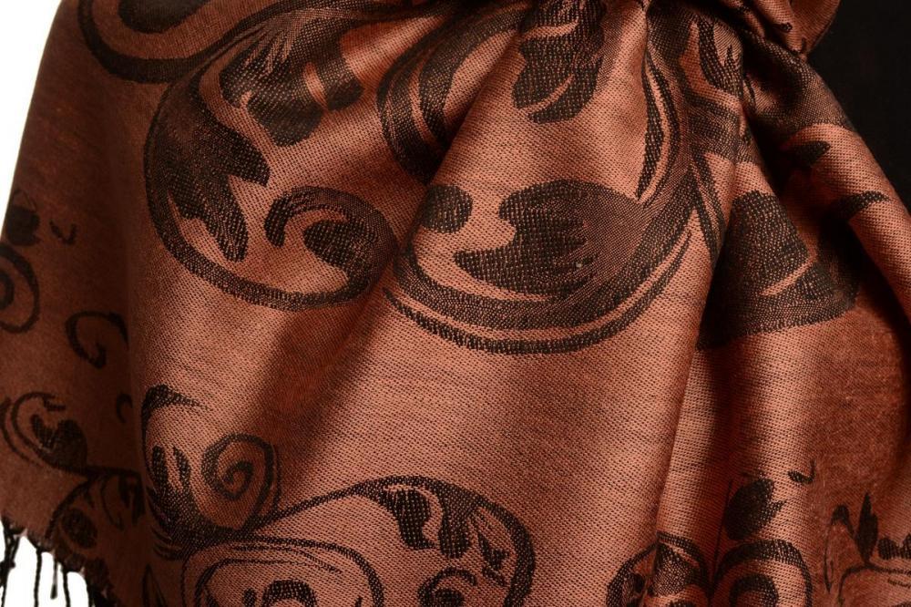 Liss Kiss Fern Leaves On Puce Pink Pashmina With Tassels - Scarf