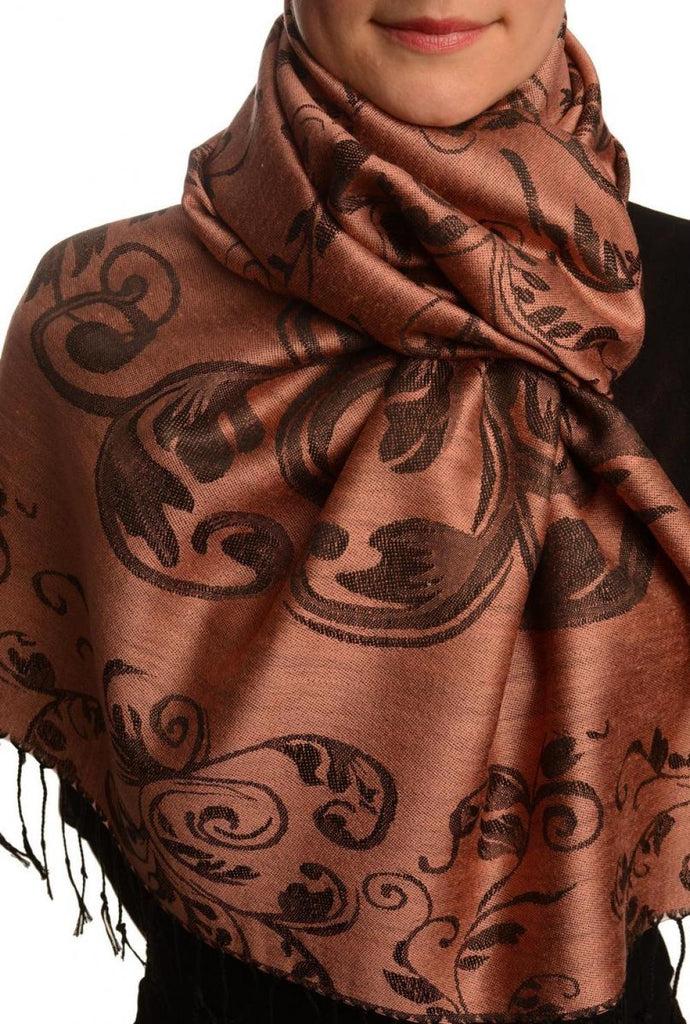 liss kiss Fern Leaves On Puce Pink Pashmina With Tassels - Scarf