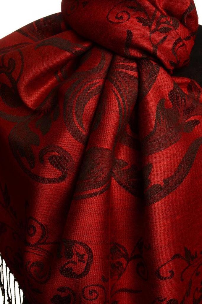 Liss Kiss Fern Leaves On Red Pashmina With Tassels - Scarf