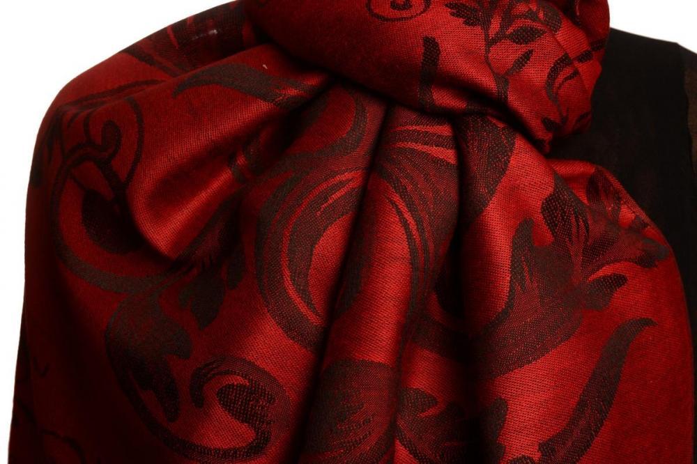 Liss Kiss Fern Leaves On Red Pashmina With Tassels - Scarf