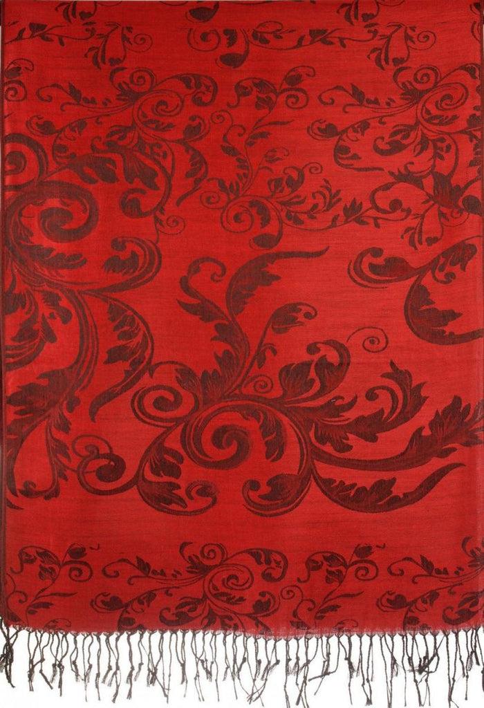 Liss Kiss Fern Leaves On Red Pashmina With Tassels - Scarf